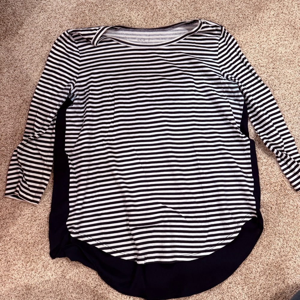 LOFT Navy and White Striped Long Sleeve Top